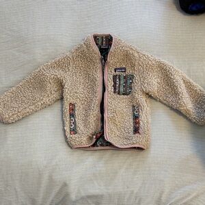 Toddler girls Patagonia Cream Fleece Jacket with Patterned Trim